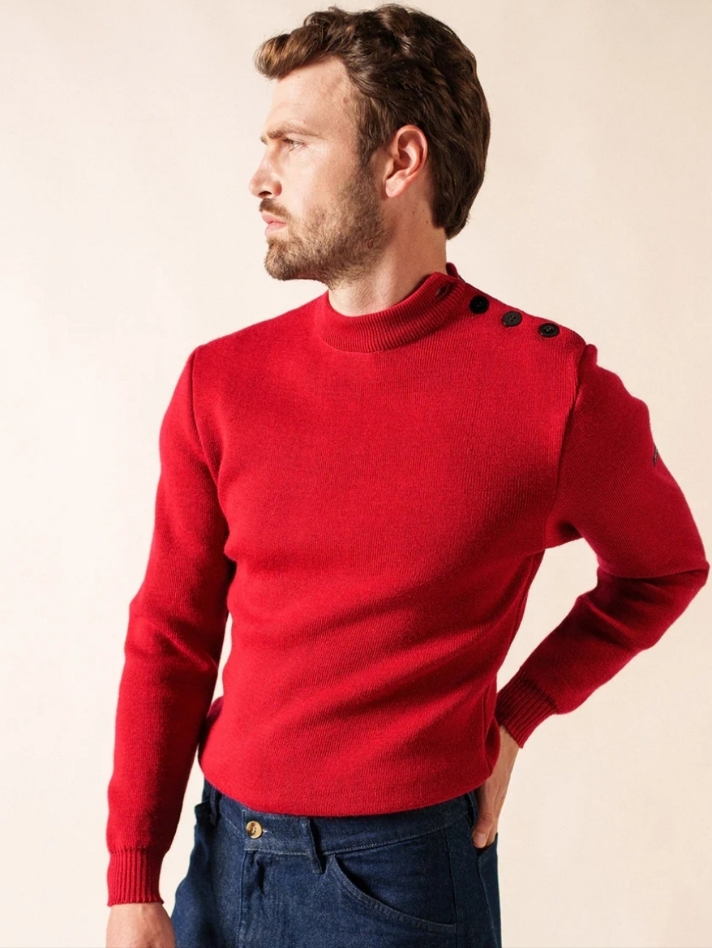Saint James Red Maroon CANCALE Fisherman Sweater Side Button - Xs